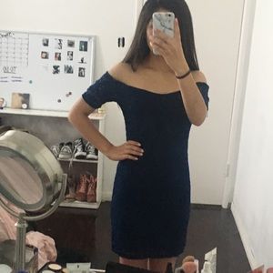 NAVY BLUE MINI OFF THE SHOULDER DRESS